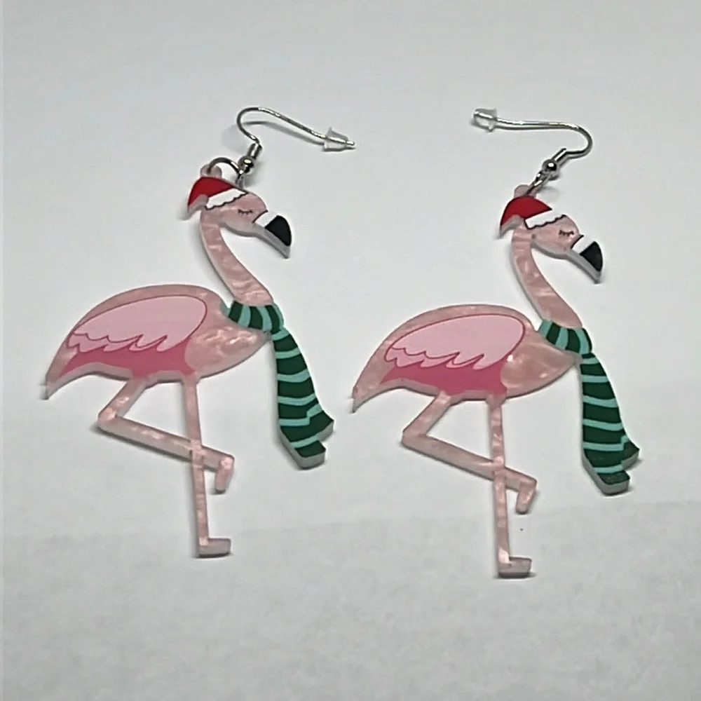 Earrings‎ Pink Flamingos Christmas Xmas Holiday